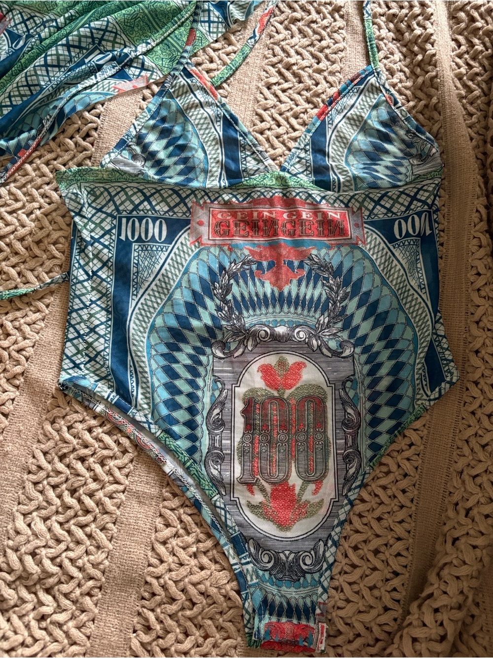 Blue Graphic Print Womens Swim Bodysuit with Banknote Motif